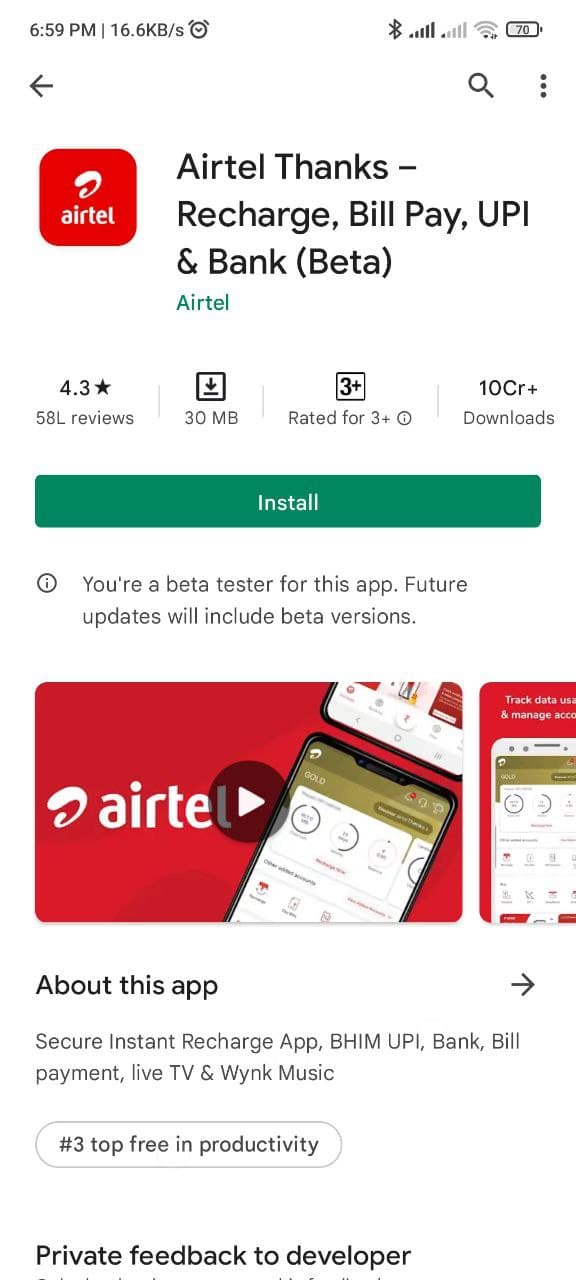 airtel thanks app ko install karo playstore se