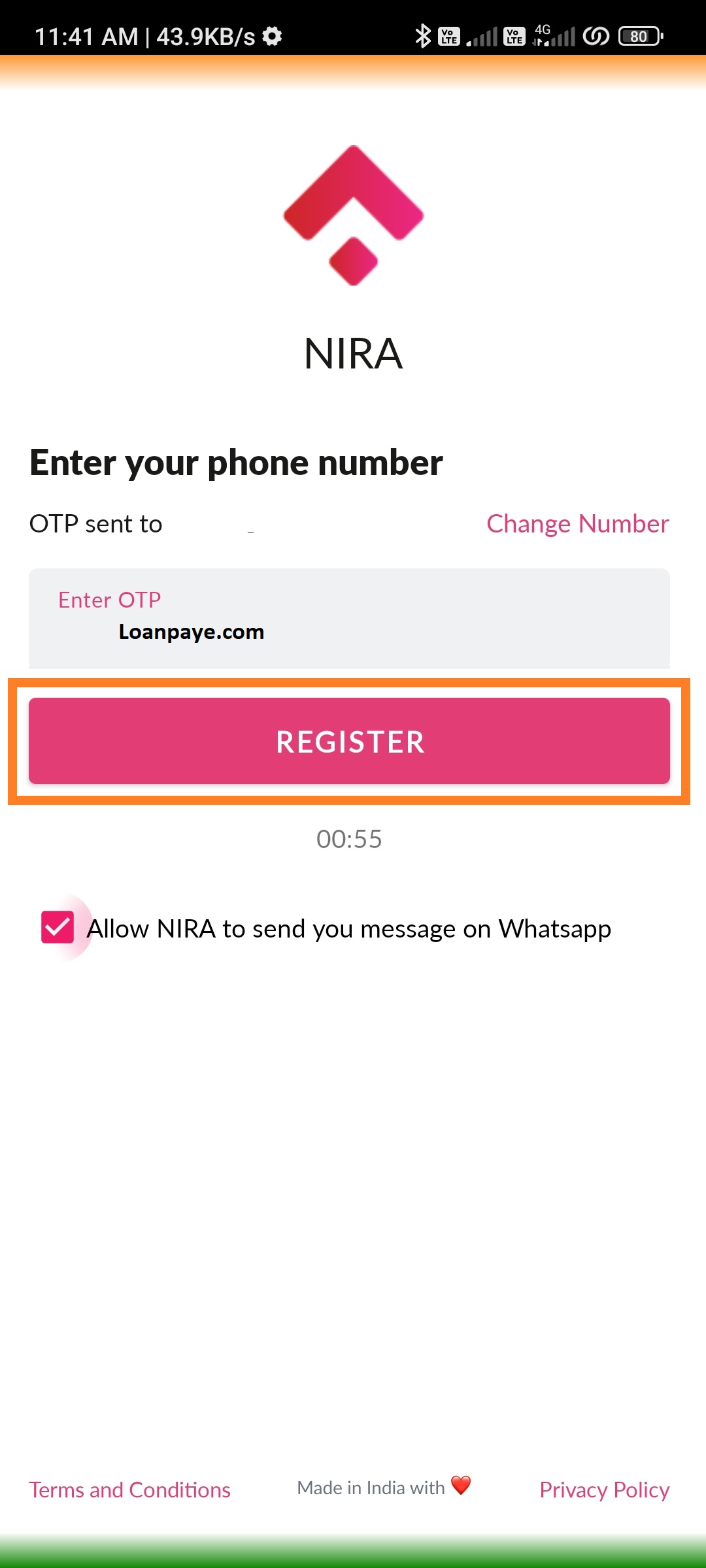 Enter mobile number on nira app and otp submit