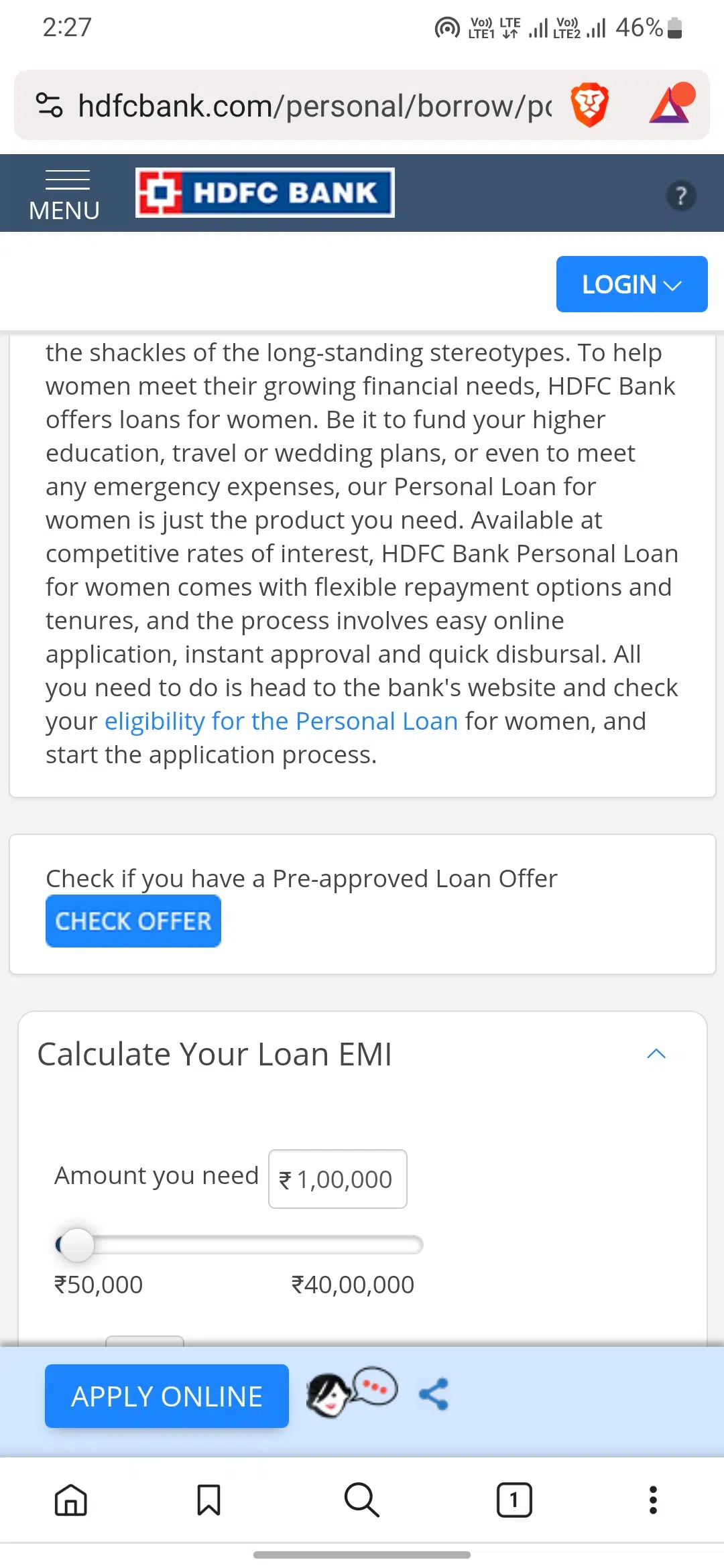HDFC Bank par women loan ke liye check offer par click kare