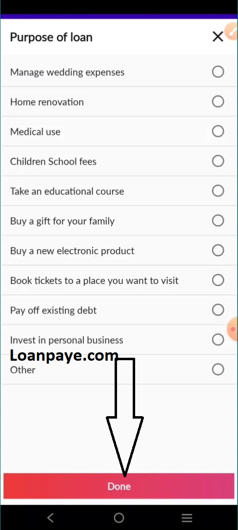 Select reason for taking loan from nira loan app