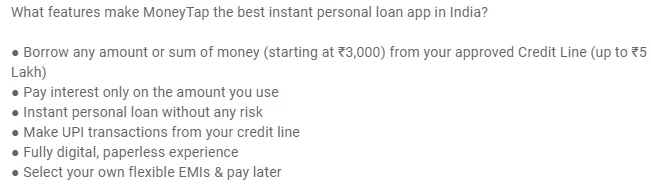 moneytap loan app features details