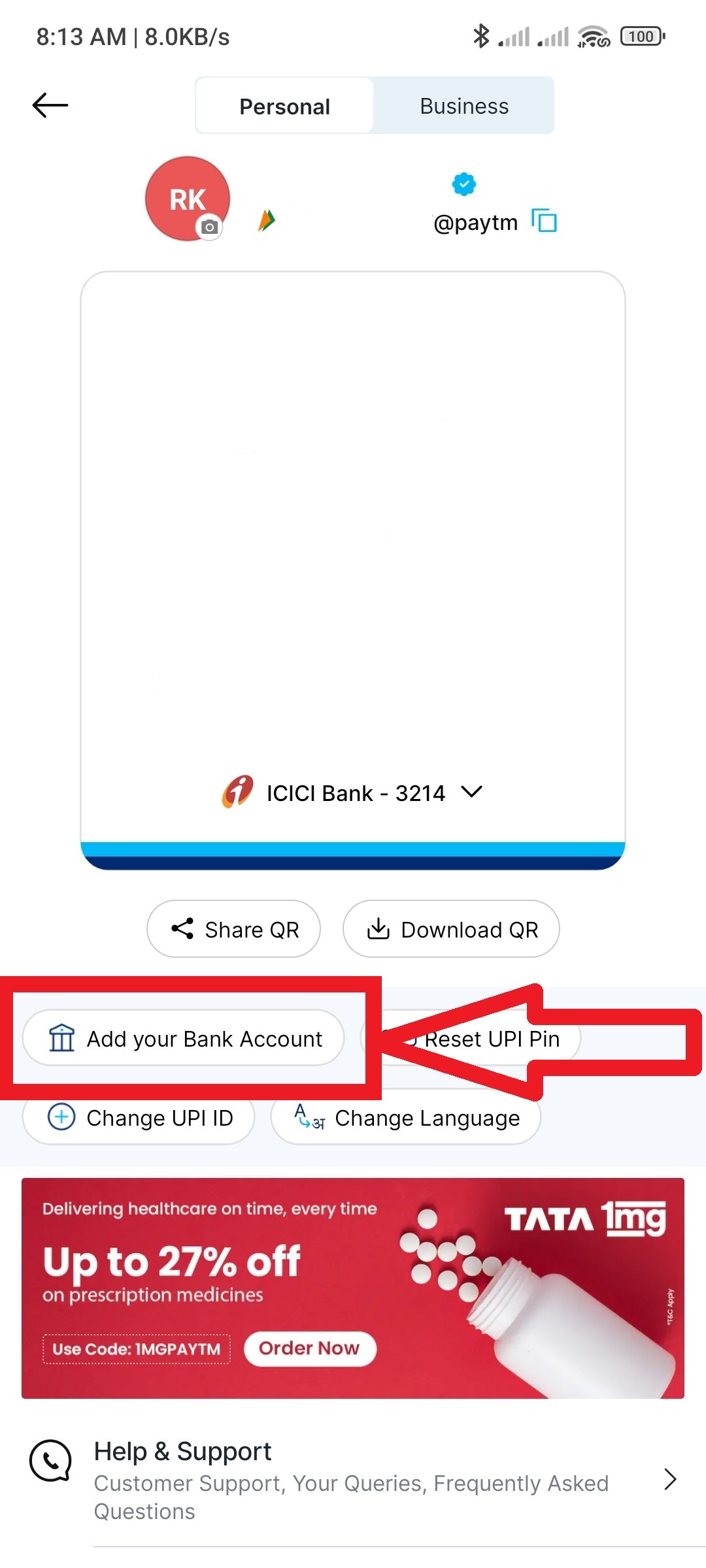 2 Click on add bank account option on paytm apps