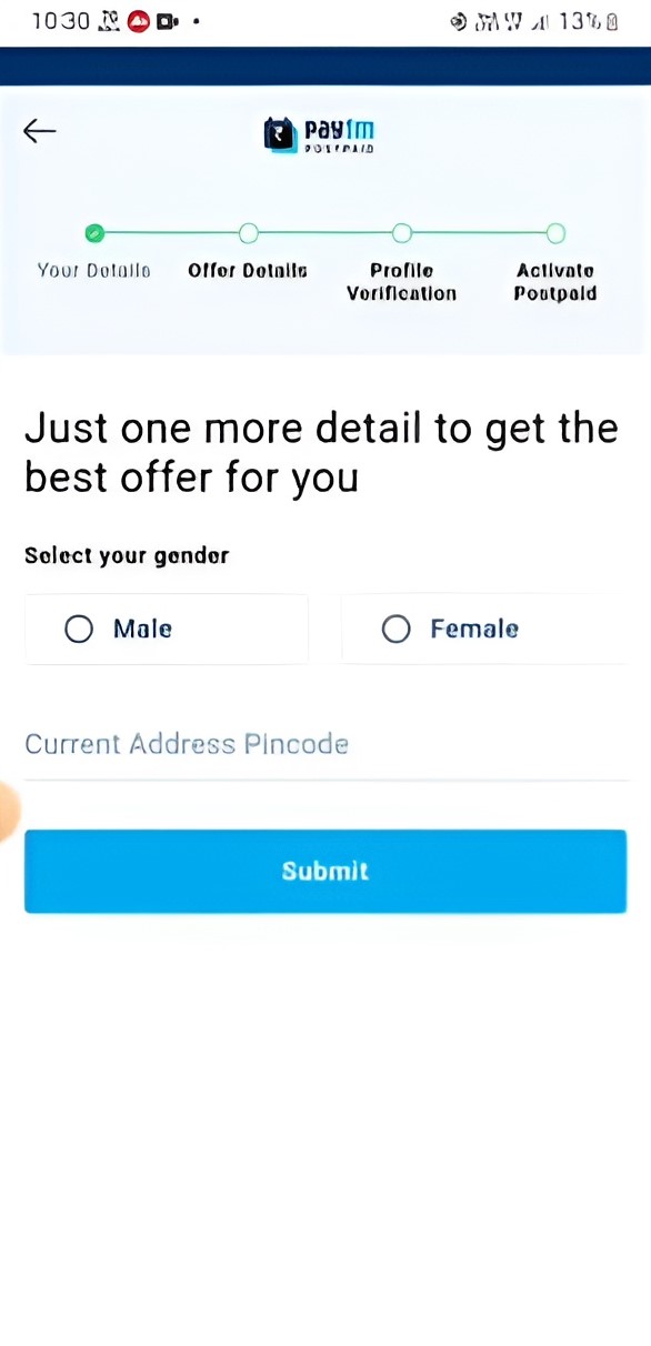 9 now select male or female and pin code enter kare