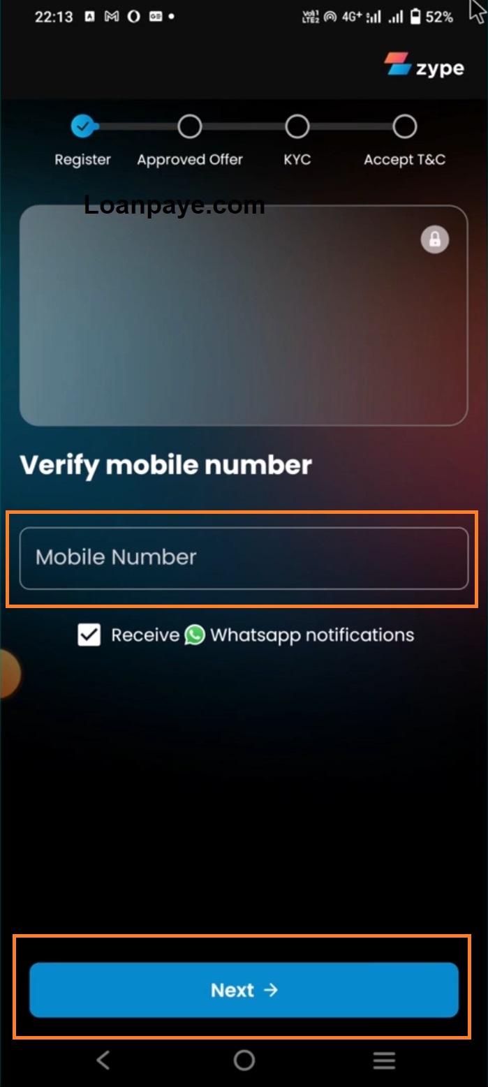 Step 3 mobile number enter and verify kare